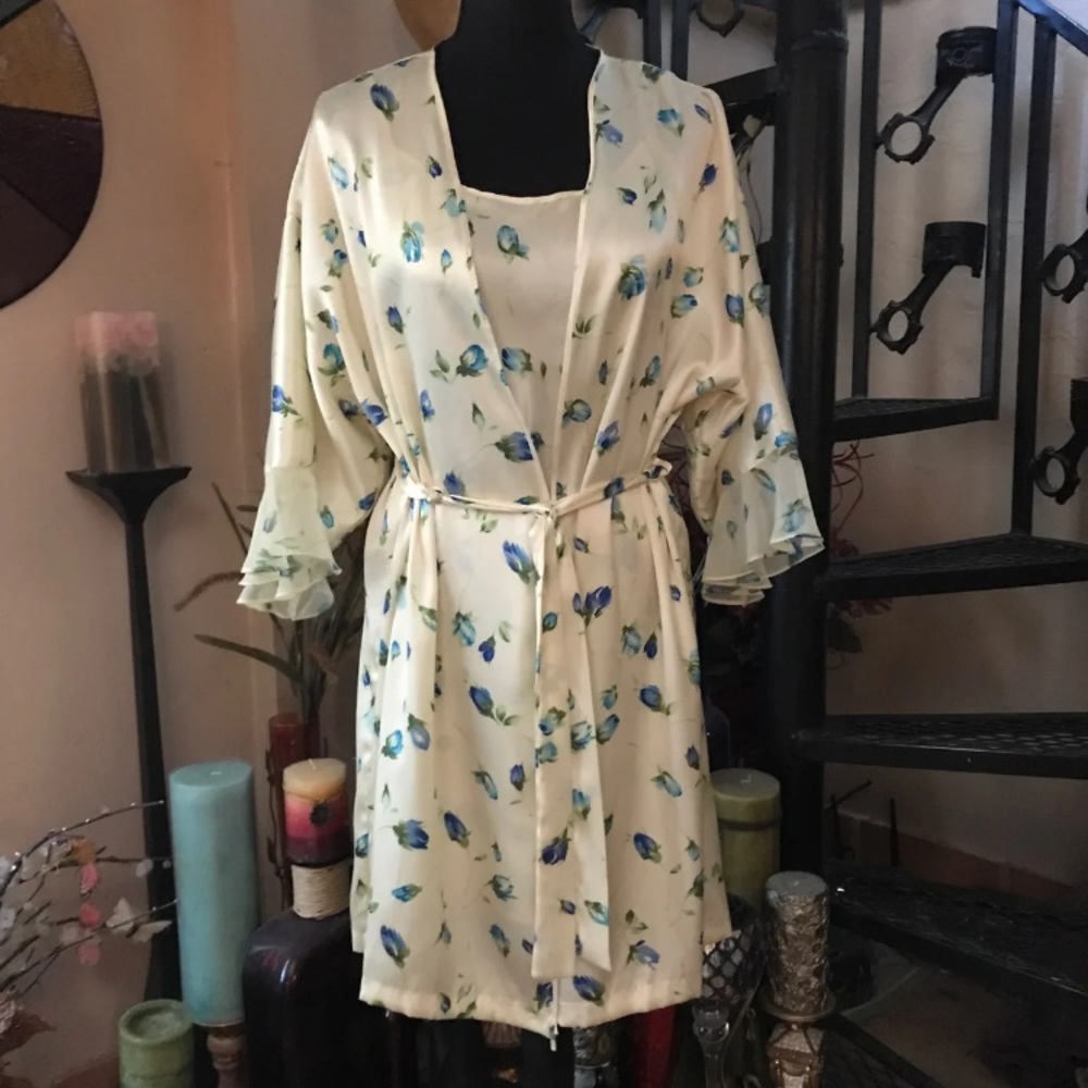 Satin Yellow Floral Chemise Slip & Robe Set
